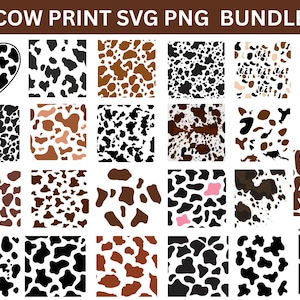 Puede incluir: Una colección de diseños de estampado de vaca en varios patrones y colores, incluyendo blanco y negro, marrón y beige. Los diseños están dispuestos en una cuadrícula, con un estampado de vaca en forma de corazón en la esquina superior izquierda. El texto "COW PRINT SVG PNG BUNDLE" está en la parte superior.
