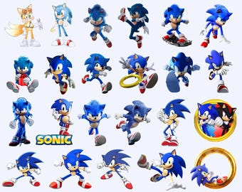 May include: A collection of various Sonic the Hedgehog character figurines in dynamic poses. The figures are primarily blue with red shoes, and some include Tails. The word "SONIC" is displayed in a logo.