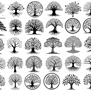 Può includere: Una collezione di illustrazioni di alberi in bianco e nero. Le immagini mostrano vari design di alberi, inclusi quelli con cornici circolari, radici dettagliate e diversi motivi di foglie. Gli alberi sono rappresentati in modo stilizzato e grafico.