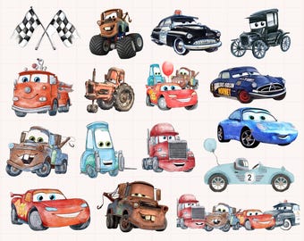 May include: Watercolor illustrations of various cartoon cars, including a fire truck, police car, and race car. The image also features checkered flags and a monster truck. The cars are in various colors, such as red, blue, and brown.