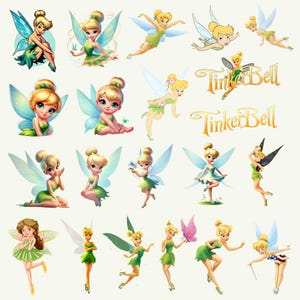 Peut inclure: Plusieurs images de dessins animés de la fée Clochette dans diverses poses. Les fées sont représentées avec des cheveux blonds, des robes vertes et des ailes translucides. Certaines images incluent le texte "Tinker Bell" en script doré. La palette de couleurs est vive et fantaisiste.