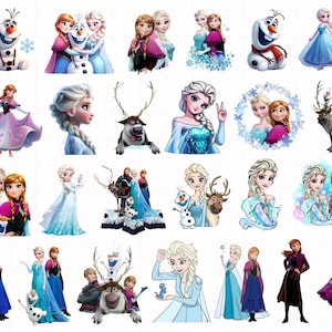 May include: A collection of colorful illustrations featuring characters from the animated movie "Frozen." The images include Elsa, Anna, Olaf, and Kristoff in various poses and settings, with a winter theme.