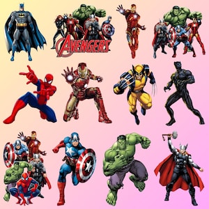 Pu&ograve; includere: Illustrazioni di supereroi, tra cui Batman, Spider-Man, Iron Man, Hulk, Capitan America, Wolverine, Pantera Nera e Thor. La parola "Avengers" &egrave; visualizzata in rosso e bianco.