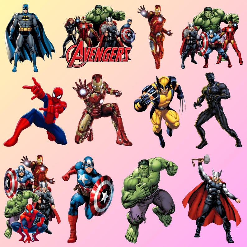Pu&ograve; includere: Illustrazioni di supereroi, tra cui Batman, Spider-Man, Iron Man, Hulk, Capitan America, Wolverine, Pantera Nera e Thor. La parola "Avengers" &egrave; visualizzata in rosso e bianco.