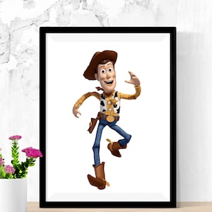 May include: A framed print featuring the character Woody from the animated film Toy Story. Woody is depicted in his signature cowboy attire, including a brown hat, yellow plaid shirt, and blue jeans. The image is set against a white background.
