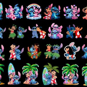 Może przedstawiać: Kolekcja kolorowych naklejek z kresk&oacute;wek z postaciami Stitcha i Lilo z filmu Disneya Lilo & Stitch. Naklejki przedstawiają r&oacute;żne sceny z postaciami razem, z elementami tropikalnymi i kwiatowymi.