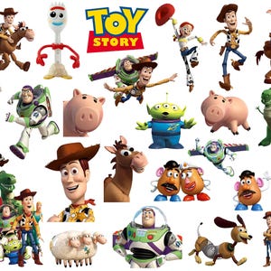 May include: A collection of colorful Toy Story character images, including Woody, Buzz Lightyear, Jessie, and others. The Toy Story logo is also visible. The characters are in various poses, creating a playful and dynamic composition.