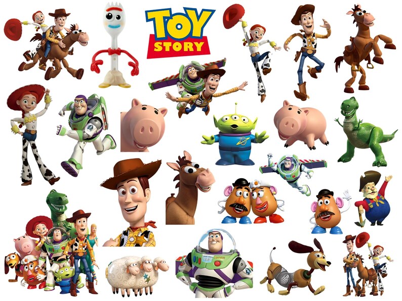 May include: A collection of colorful Toy Story character images, including Woody, Buzz Lightyear, Jessie, and others. The Toy Story logo is also visible. The characters are in various poses, creating a playful and dynamic composition.