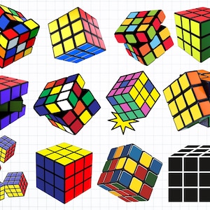 Pode incluir: Uma coleção de Cubos de Rubik coloridos em vários estados de resolução. Os cubos apresentam quadrados coloridos em vermelho, azul, amarelo, verde e laranja. Alguns cubos estão resolvidos, outros parcialmente embaralhados.