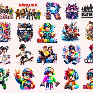 Op de afbeelding: Een verzameling kleurrijke Roblox-thema graphics. De afbeeldingen tonen personages, logo's en verjaardagsontwerpen. Het kleurenpalet omvat levendige blauw-, groen-, rood- en geeltinten, met het woord "ROBLOX" prominent aanwezig.