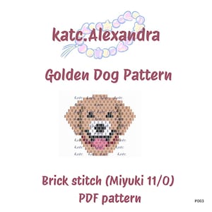 Könnte beinhalten: Ein digitales PDF-Muster für einen Golden Dog, erstellt mit Ziegelstich mit Miyuki 11/0 Perlen. Das Design zeigt ein pixeliges Hunde-Gesicht in den Farbtönen Beige, Schwarz und Rosa. Der Text "katc.Alexandra" und "Golden Dog Pattern" sind ebenfalls enthalten.