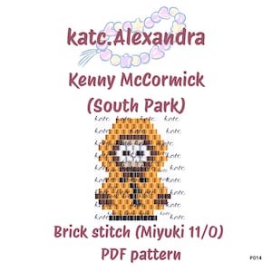 Puede incluir: Un patrón PDF digital para un proyecto de cuentas de puntada de ladrillo con Kenny McCormick de South Park. El diseño utiliza cuentas marrones, naranjas, negras y blancas. La imagen incluye el texto "katc.Alexandra", "Kenny McCormick (South Park)" y "Brick stitch (Miyuki 11/0) PDF pattern".