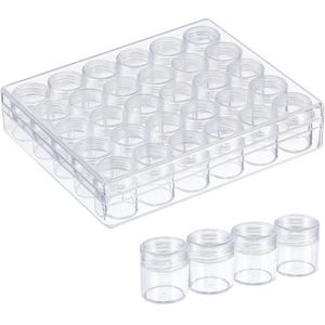 May include: A clear plastic storage container with 30 small, empty jars. Four additional jars are placed below the container. The jars have screw-on lids and are designed for storing small items like beads or glitter.
