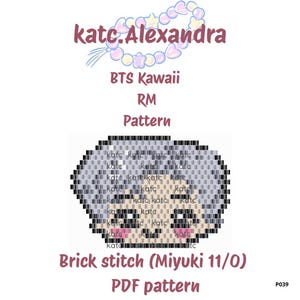 May include: A digital PDF pattern for a brick stitch bead project featuring a pixelated character head with grey hair, light skin, and pink cheeks. The text reads katc.Alexandra, BTS Kawaii RM Pattern, and Brick stitch (Miyuki 11/0) PDF pattern.