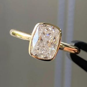2.00 Carat Cushion Cut Moissanite Diamond 14K Solid Yellow Gold Bezel Set Solitaire Ring for Women Wedding Ring, Promise Ring, Proposal Ring