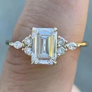 Emerald Cut Moissanite Engagement Ring, Unique Side Stone Marquise & Round Moissanite Wedding Ring, 14K Yellow Gold Art Deco Promise Ring