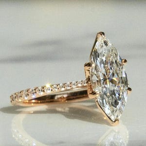 Marquise Cut Moissanite Engagement Ring, Yellow Gold Solitaire with Pave Band, Dainty Marquise Cut Ring, Vintage Inspired Bridal Ring Gifts
