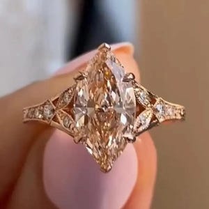 4 CT Marquise Cut Champagne Moissanite Engagement Ring, 14k Rose Gold Ring, Vintage Ring, Diamond Ring, Art Deco Ring, Promise Ring for Her