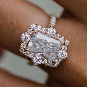 3.0 CT Radiant Moissanite Ring, 14K Yellow Gold Halo Engagement, Dainty Wedding & Anniversary Gift for Her, Bridal Jewelry