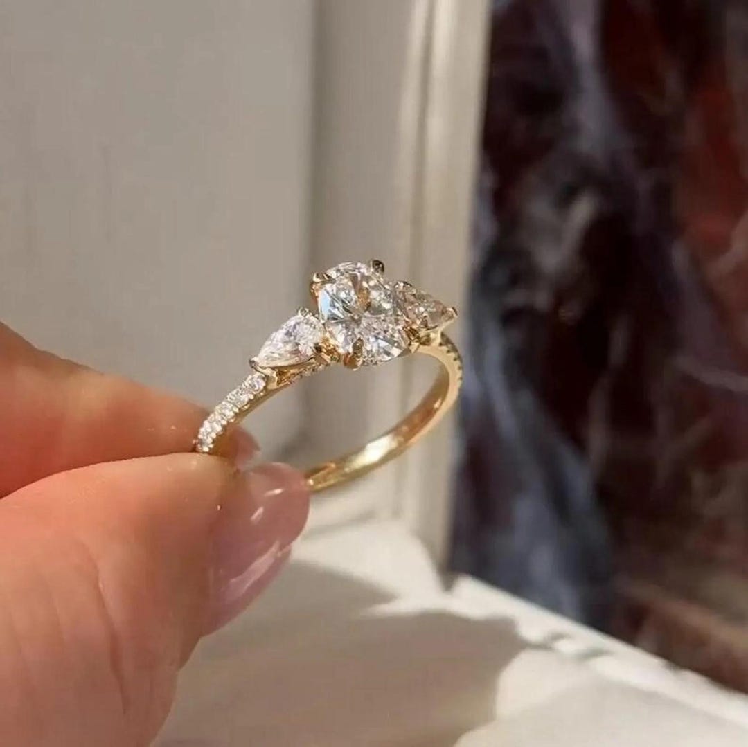 14K Yellow Gold Oval Moissanite Ring, Pear Side Stones, Engagement ...