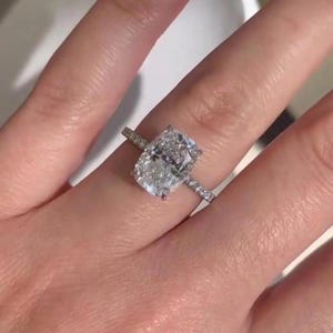 3 CT Cushion Moissanite Engagement Ring, White Gold Hidden Halo, Pave Eternity Band, Luxury Bridal Jewelry