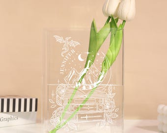 Vase livre personnalisé montagne & dragon, nom personnalisé déco amateur de livres, cadeau bibliothécaire pour les lecteurs de fantasy, cadeau rat de bibliothèque, cadeau livresque pour elle