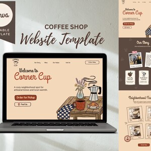 May include: A laptop displaying a coffee shop website template titled Corner Cup with a beige background, a hand-drawn illustration of a table with a coffee mug, a vase of flowers, and a moka pot, plus a vertical layout of the full page design.