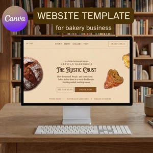 May include: A computer monitor displaying a website template for a bakery business titled The Rustic Crust. The screen features images of bread and a croissant, with navigation links for story, menu, gallery, and visit, plus order buttons.