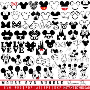 Puede incluir: Una colección digital de ilustraciones gráficas en blanco y negro con orejas de ratón, siluetas de personajes, guantes, castillos y varias poses. El texto MOUSE SVG BUNDLE Premium Files SVG PNG PDF AI EPS DXF INSTANT DOWNLOAD está abajo.