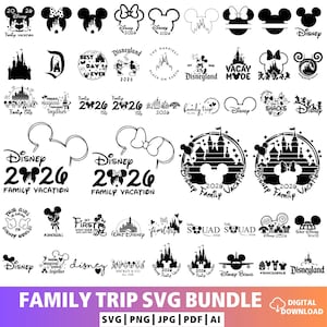 May include: A collection of black and white Disney-themed SVG designs. Includes Mickey and Minnie Mouse silhouettes, castle illustrations, and text elements like "Family Vacation" and "Disneyland." The bottom banner reads "FAMILY TRIP SVG BUNDLE."