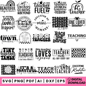 Op de afbeelding: Een verzameling zwart-witte ontwerpen met een thema voor leraren, digitaal te downloaden. De ontwerpen bevatten zinnen als "Teacher Fuel", "Teach Love Inspire" en "Tiny Human Tamer". De afbeelding bevat ook bestandsopties: SVG, PNG, PDF, AI, DXF en EPS.