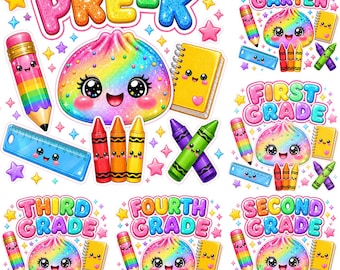 Glitter Dumpling School Bundle PNG, Pre-K Kindergarten First Second Third Fourth Grade, Kawaii Back to School Shirt Design, Instant Download