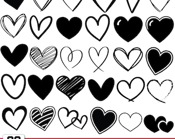 Heart SVG Bundle, Doodle & Solid Heart Shapes, Valentine's Day Designs, Cricut, Clipart, Digital Download