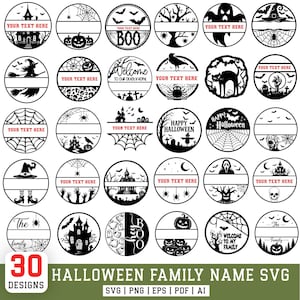 Könnte beinhalten: Eine Sammlung von 30 kreisförmigen, schwarz-weißen digitalen Halloween-Designs mit Motiven wie Spukhäusern, Kürbissen, Geistern, Fledermäusen, Spinnen, Netzen und Hexenhüten, teilweise mit dem Text YOUR TEXT HERE oder HALLOWEEN versehen.
