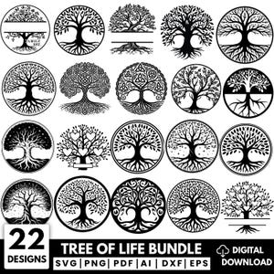 Könnte beinhalten: Eine Sammlung von 22 schwarz-weißen Lebensbaum-Designs in kreisförmigen Rahmen. Die Designs variieren im Stil, einige weisen komplizierte Details auf, andere einfachere Umrisse. Der Text "TREE OF LIFE BUNDLE" und "DIGITAL DOWNLOAD" ist ebenfalls vorhanden.
