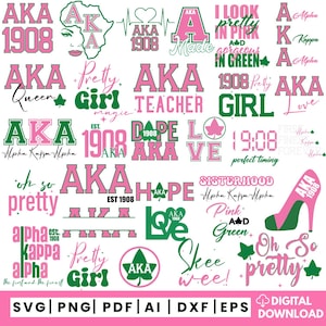May include: A digital download graphic featuring various pink and green designs with the letters "AKA" and the number "1908". The designs include text such as "Pretty Girl", "Teacher", and "Love".