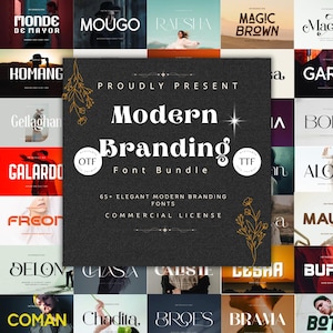 May include: A promotional image for a font bundle. The central graphic reads "Modern Branding Font Bundle" with "65+ Elegant Modern Branding Fonts" and "Commercial License" below. Various font examples surround the central graphic, showcasing different styles and designs.