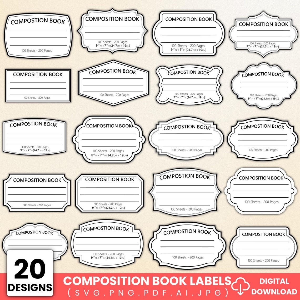 Composition Book Cover SVG Bundle: Notebook Label Templates (digital ...