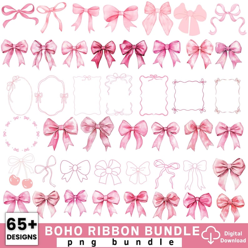 May include: A collection of pink watercolor bows and frames in various designs. The image includes solid bows, outlined bows, and frames, with the text "65+ DESIGNS" and "BOHO RIBBON BUNDLE png bundle" at the bottom.