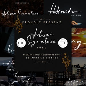 Puede incluir: Gráfico negro con el texto "Artisan Signature Font" en escritura cursiva blanca. La imagen también incluye el texto "Elegant Artisan Signature Font Commercial License". La fuente está disponible en formatos de archivo OTF y TTF.
