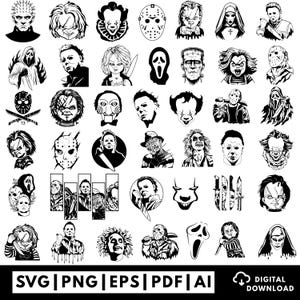 May include: A collection of black and white digital illustrations featuring various horror movie characters, including masked slashers, dolls, and clowns. The bottom section displays the text SVG | PNG | EPS | PDF | AI and a digital download icon.