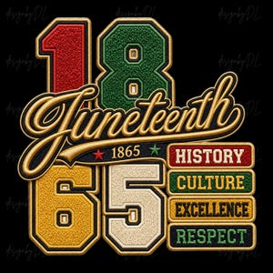 Op de afbeelding: Grafisch ontwerp met het woord "Juneteenth" in gouden letters, de cijfers "1865" en "65". Het ontwerp bevat ook de woorden "Geschiedenis", "Cultuur", "Uitstekendheid" en "Respect" in een gestapelde indeling, allemaal op een zwarte achtergrond.