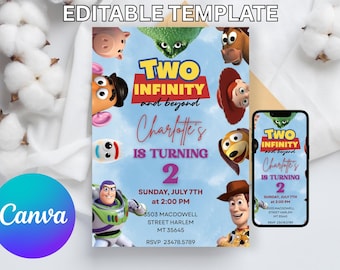 Editable Two infinity and Beyond Birthday invitation | Toy Story Party invitation, Invite 2nd Birthday | Digital kids Birthday invites Canva