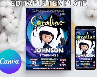Invitación editable de Coraline en Canva, tarjeta de invitación de cumpleaños imprimible de Coraline, fiesta de cumpleaños de Coraline, invitación digital de cumpleaños de Coraline