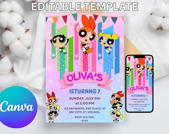 Powerpuff Girls Birthday Invitation | Editable Canva Template | Girl Birthday Invite | Princess Party Printable | Instant Edit & Download