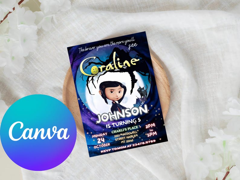 Editable Coraline Invitation Canva, Printable Coraline Birthday ...