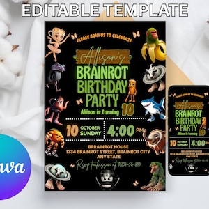 Może przedstawiać: Czarna zaproszenie na przyjęcie urodzinowe z postaciami z kreskówek i tekstem "Allison's Brainrot Birthday Party". Zaproszenie zawiera datę, godzinę i miejsce. Telefon wyświetla ten sam projekt. Widoczne jest logo Canva.