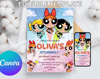 Powerpuff Girls Birthday Invitation | Editable Canva Template | Girl Birthday Invite | Princess Party Printable | Instant Edit & Download