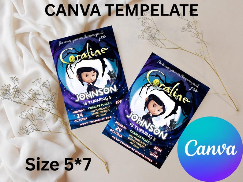 Editable Coraline Invitation Canva, Printable Coraline Birthday ...