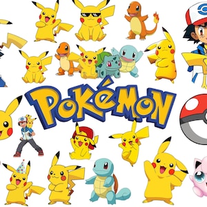 May include: A collection of colorful Pokémon characters including Pikachu, Ash Ketchum, Charmander, Squirtle, Bulbasaur, and Jigglypuff, surrounding a large blue and yellow Pokémon logo with a red and white Poké Ball on the right side of the image.